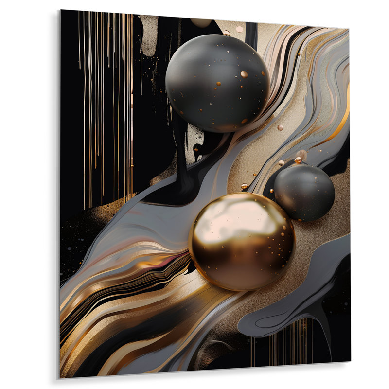 Or et marbre noir Mirage I - Décoration murale abstraite en métal marbré, H 44 po x l 34 po x P 1 po