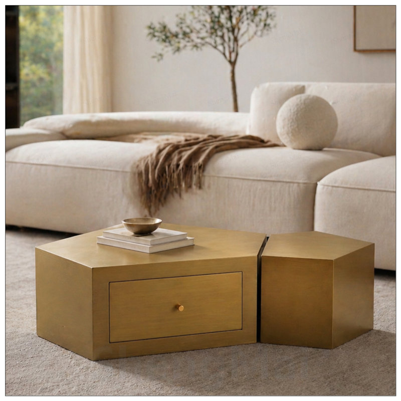 Ensemble de 2 tables basses modernes à géométrie moderne, tables gigognes dorées entièrement modulaires avec tiroirs, tables centrales Artisan pour salon Boho Wabi-Sabi