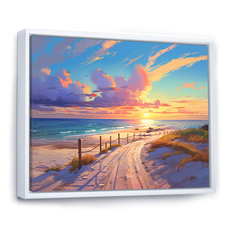 «Pathway To Pink Pastel Beach Sunset I», reproduction sur toile, H 12 po x l 20 po x P 1 po, Cadre flottant blanc