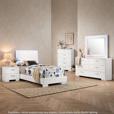 Sok 5pc Twin Bedroom Set, Blue LED Lights, Faux Leather, White Wood