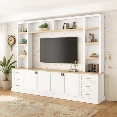 102.3"W Modern Farmhouser Entertainment Center Center Unit With Bridge Shelves, Media Console Cabinet For Living Room
