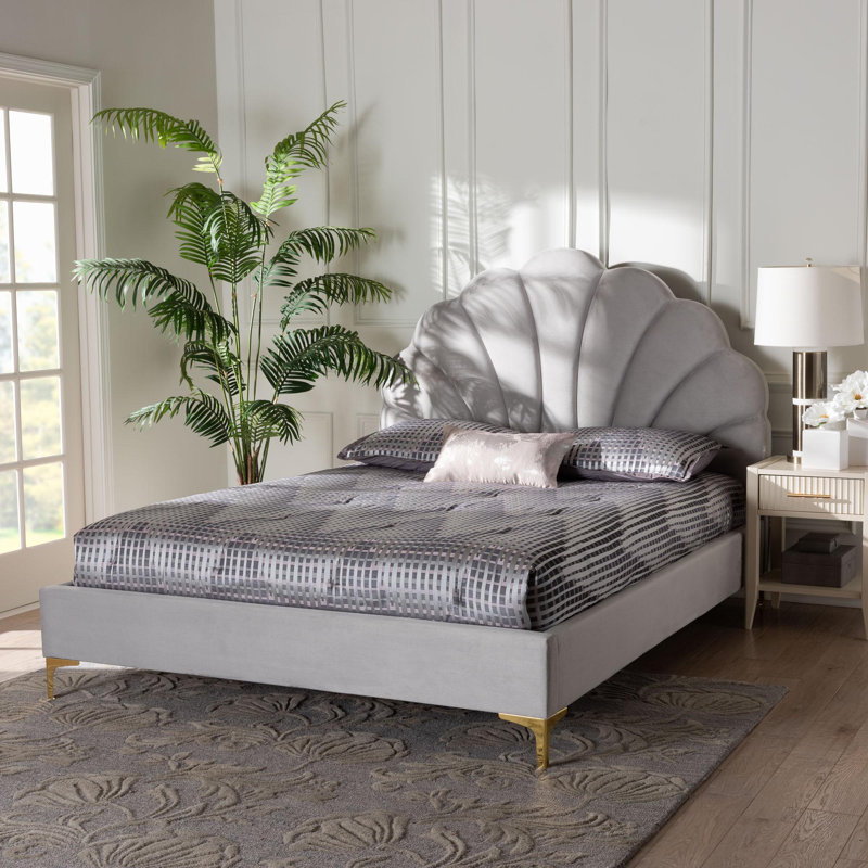 Krislee Baxton Studio Acosta Glam And Luxe Light Grey Velvet Seashell-Headboard Queen Size Platform Bed
