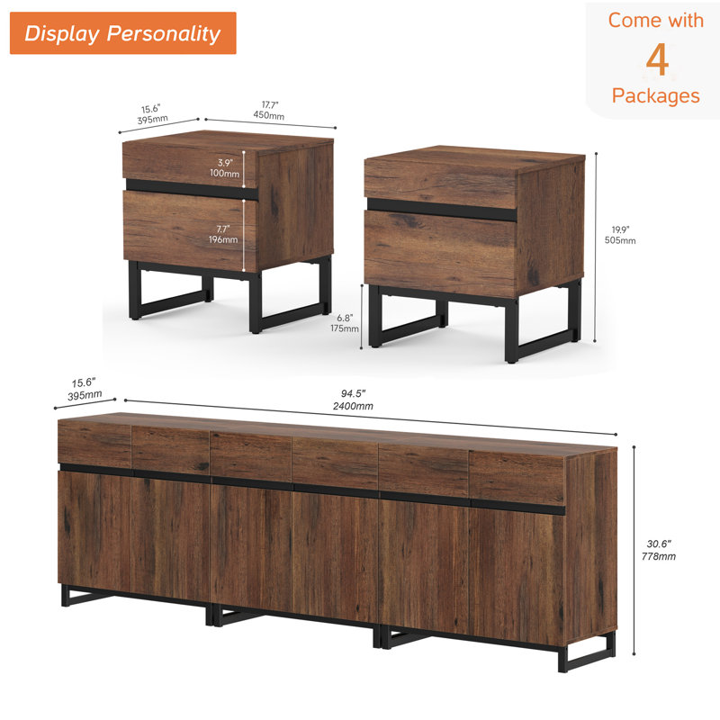 Ebern Designs Modern Storage Cabinet And 2 End Table Set Of 3, Entertainment Center For Tvs Up To 100 Inch, 2 Nightstand With Drawer And Cabinet For Bedroom, Bedroom Furniture Set