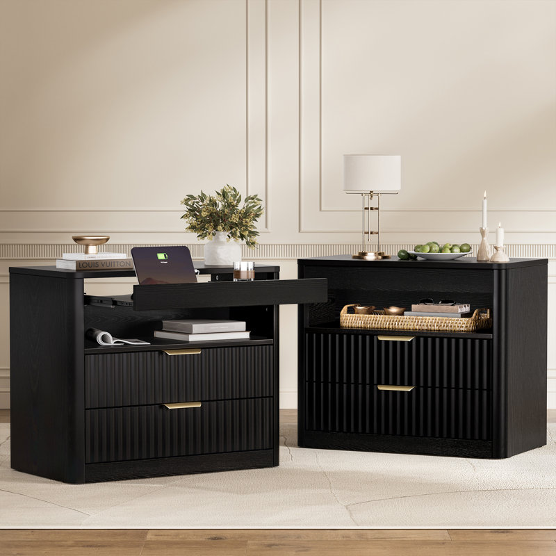 Table de chevet 27 po avec station de charge, 2 tiroirs et rangement ouvert, table de chevet avec plateau coulissant, table de bout de chambre à coucher moderne