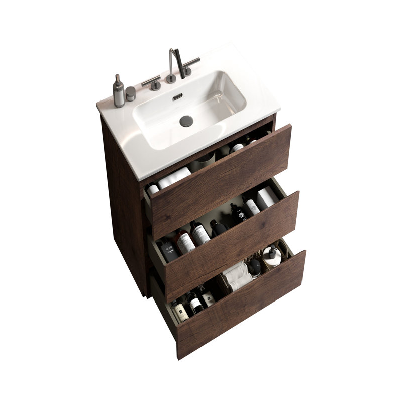 Meuble-lavabo moderne en noyer - Fourniture de rangement spacieux et évier à utilisation silencieuse, 24"