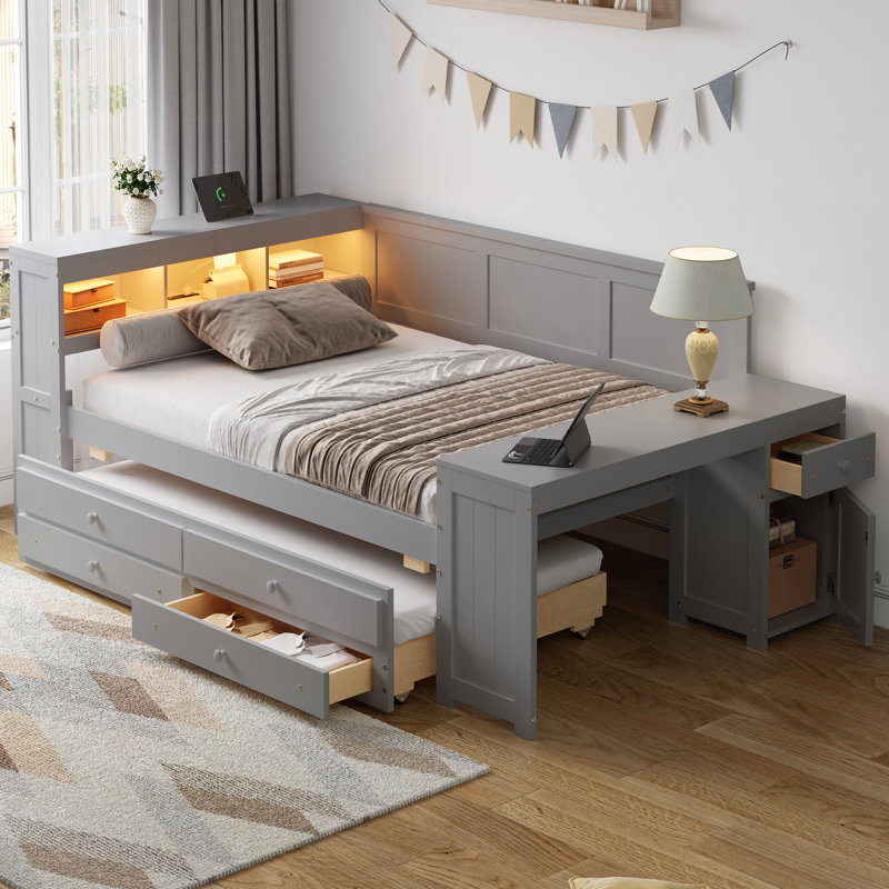 Full Size Daybed with Trundle, Storage Drawers & Shelves, LED Light, Charging Station, Desk and Cabinet,Gray, Gray
