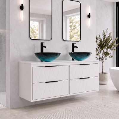 48" Wall Mounted Floating Double Bathroom Vanity with Artistic Vessel Sinks, Hand-Painted, 4 Soft-Close Drawers
