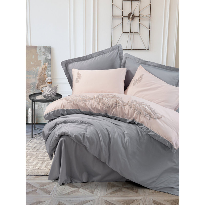 Luxurious Satin Double Quilt Cover Set, 100% Cotton, Grey & Powder Colors | Includes Duvet Cover (78.7 x 86.6 in), Flat Sheet (94.5 x 102.4 in), 4 Pillowcases (19.7 x 27.6 in) | Machine Washable, Button Closure, Soft & Elegant Design