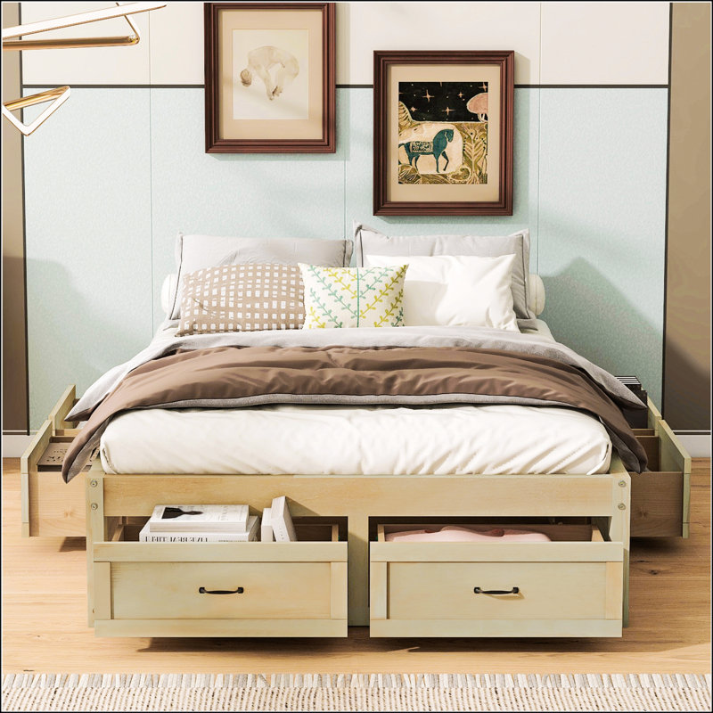 Lit plateforme double avec 6 tiroirs de rangement, Naturel antique, Double