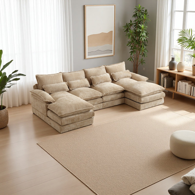 High Quality Sponge Filling, Solid Wood Frame, Oversized Four-Seater, U-Shaped Combination Sofa, Khaki Chenille