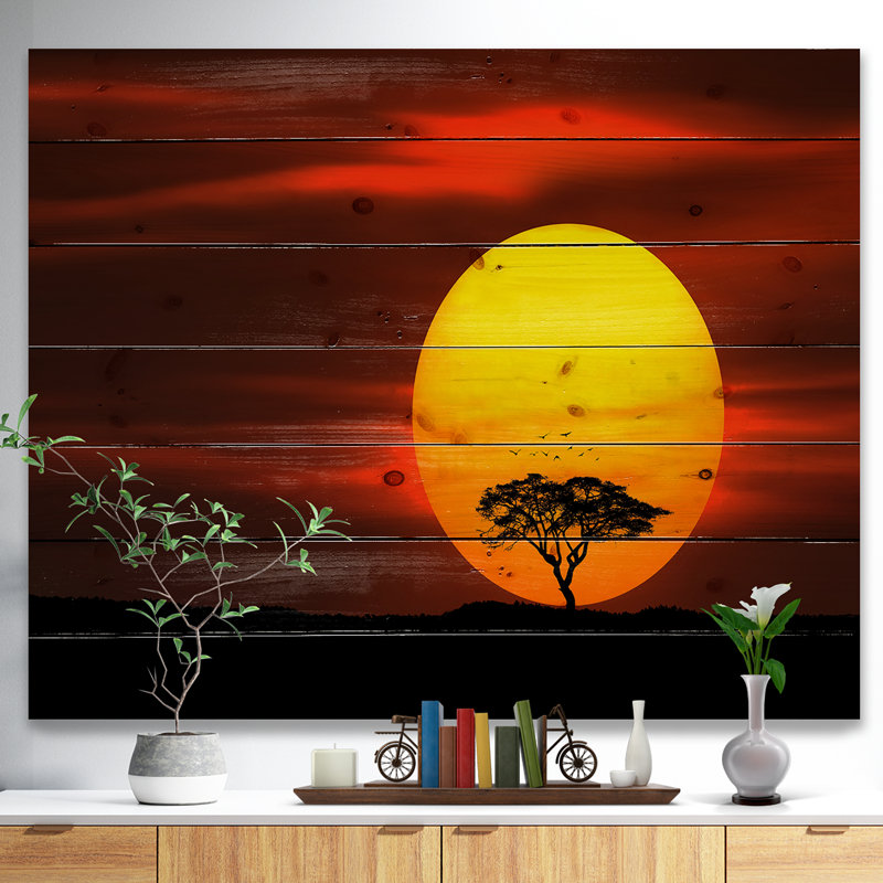 «Lonely Tree with Birds at Sunset», art graphique, H 30 po x l 40 po x p 1 po, Bois