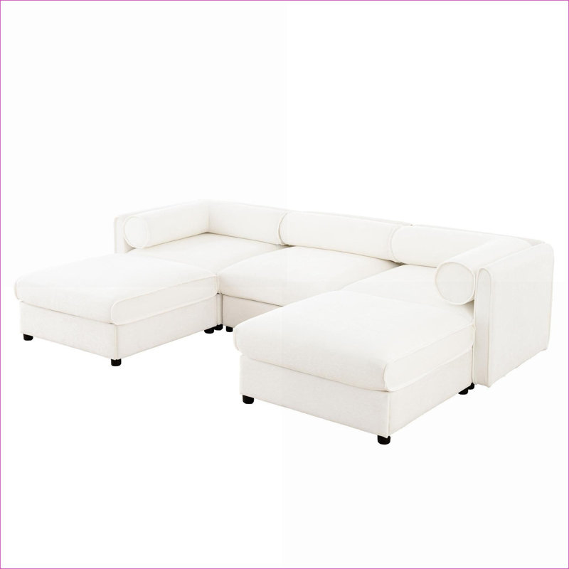 Canapés modulaires | Moderne à 3 places en U pour le salon, avec rangement et repose-pieds | Blanc | Chenille
