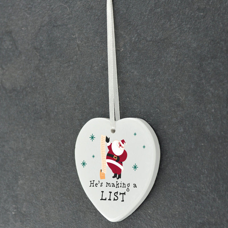 Xmas He's Making A List Heart Shaped Ornament