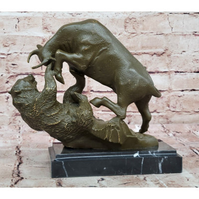 Bull and Bear Bronze Sculpture - Financial Market Symbol Animal Art