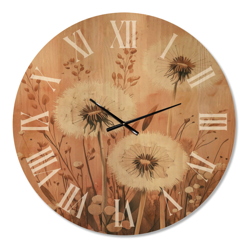 Champ de pissenlits d'automne - Horloge murale ronde en bois brun de style bohème, Extra Large