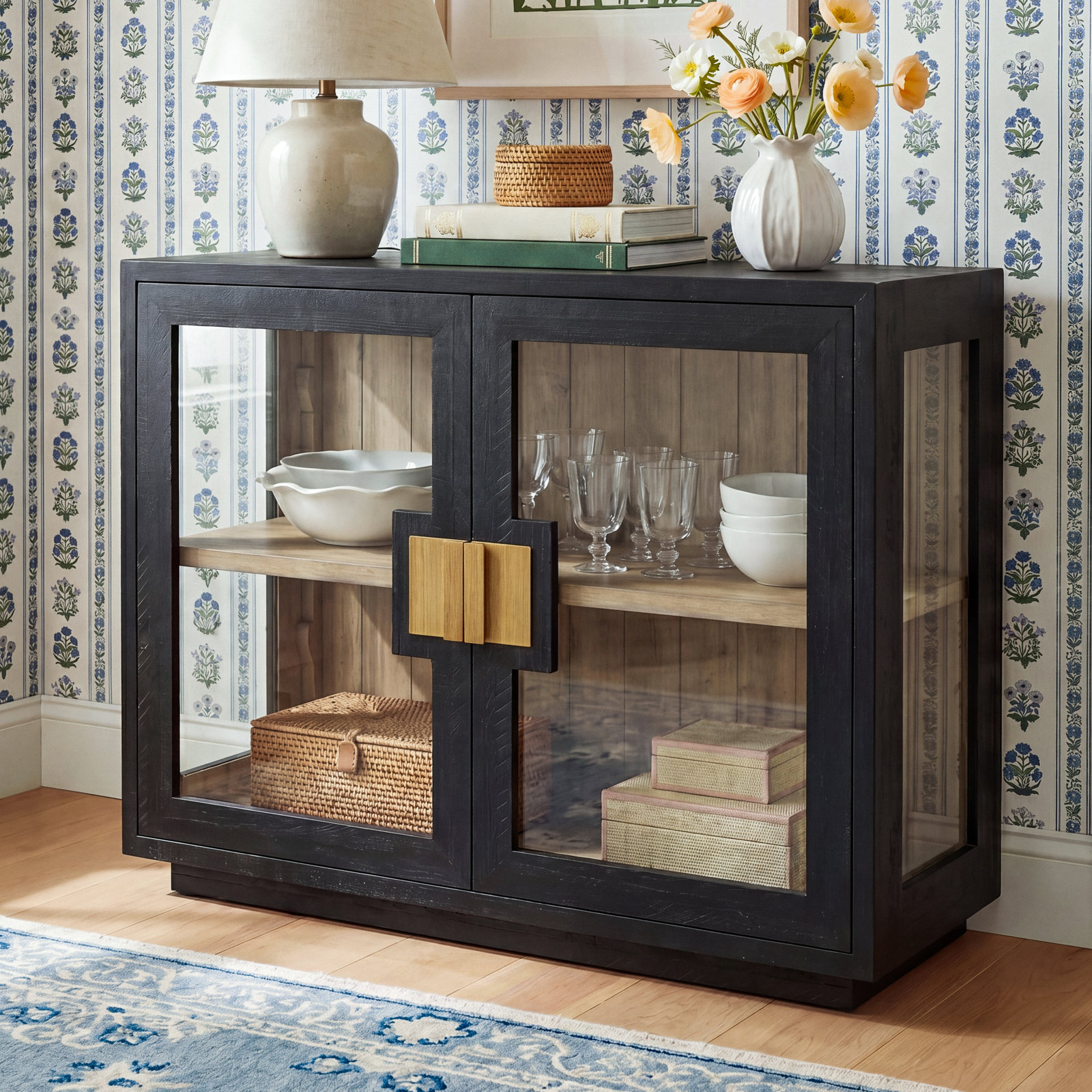 Pine Wood Accent Cabinet, Black, Gold