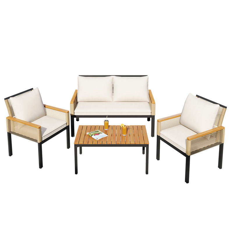 Garden Lounge Set, Garden Furniture Set With Comfortable Cushions, Double Sofa, 2 Armchairs And Table, Outdoor, Rattan, Table And Chairs, Beige