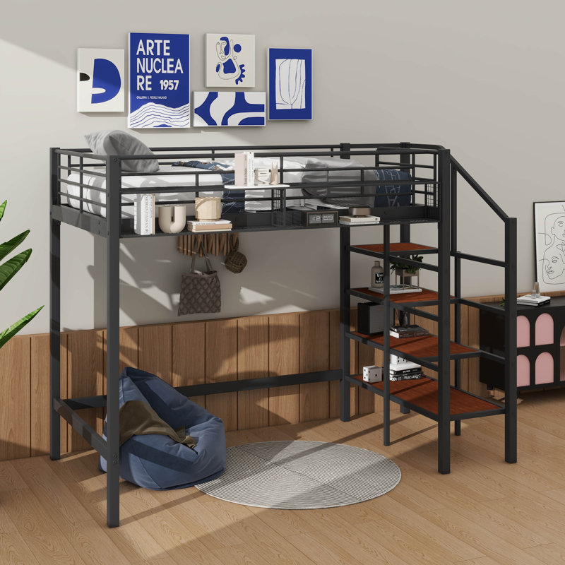 Metal Loft Bed In Twin Size, Featuring An Upper Grid Storage Shelf And Side Storage Ladder, Black