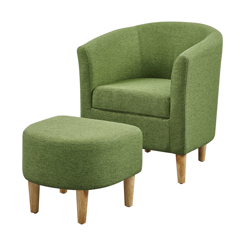 Upholstered 27" Wide Barrel Chair with Ottoman, Green Linen Blend