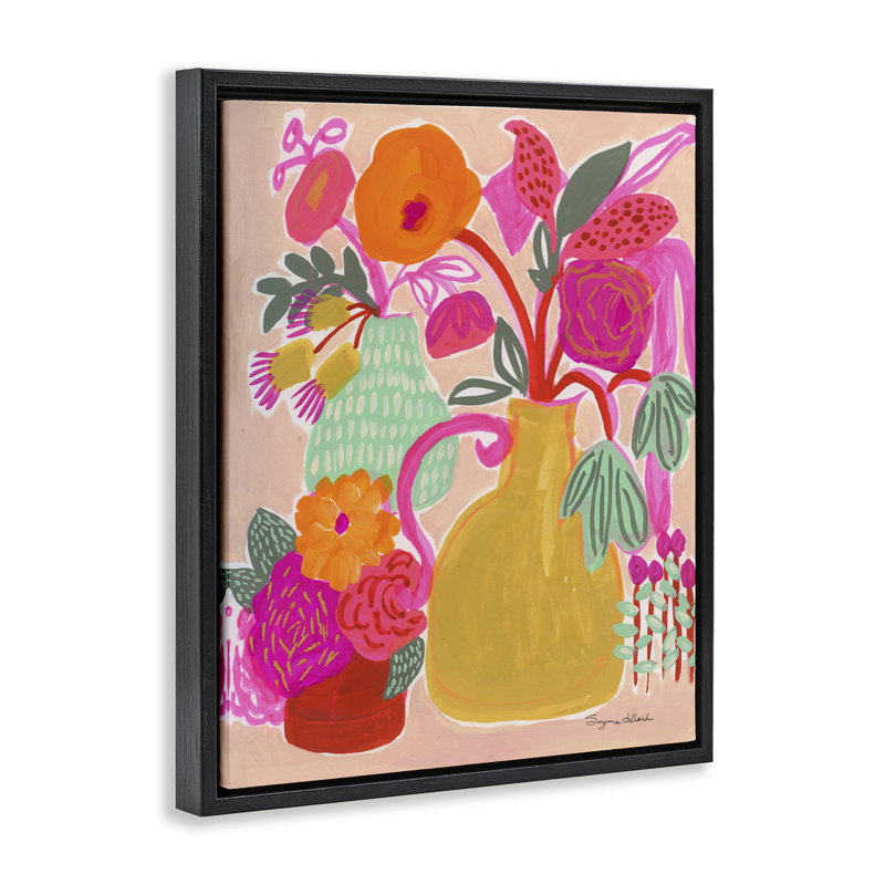 Cadre flottant rose vif et jaune, design par Suzanne Allard, Cadre flottant noir de jais, H 21 po x l 17 po