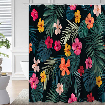 Rideau de douche à motif de palmiers exotiques avec 12 crochets Tropical Hibiscus
