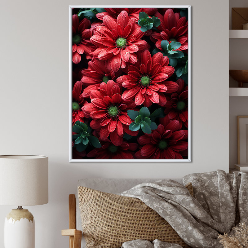 Rouge et vert Dahlia Bouquet Harmony IV - marguerites, art mural, Cadre flottant blanc, H 44 po x l 34 po