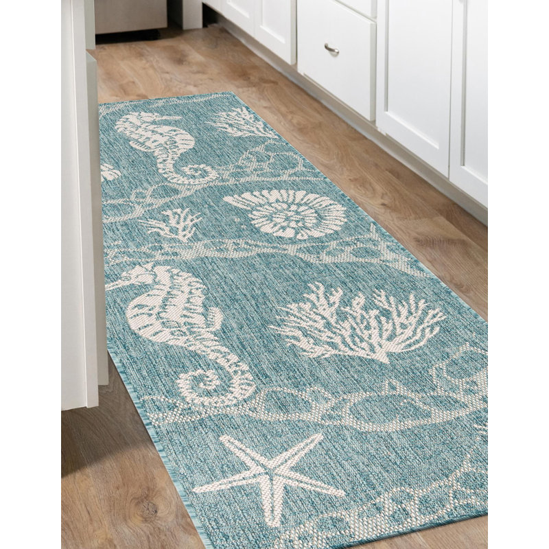 Tapis contemporain Aycan de couleur turquoise, Tapis de couloir 2 pi x 8 pi