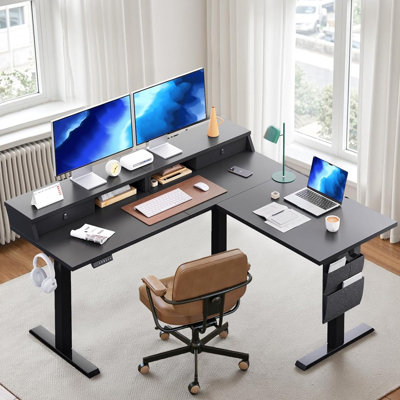 63” L-Shaped Electric Standing Desk, Ergonomic Corner Height Adjustable Desk with Drawers, Sit-Stand Computer Table with Storage for Home & Office