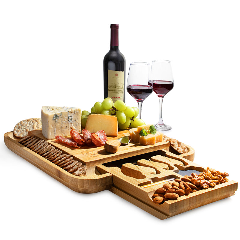 Eco-Friendly Light Brown Bamboo Cheese Board Set with Cutlery Drawer