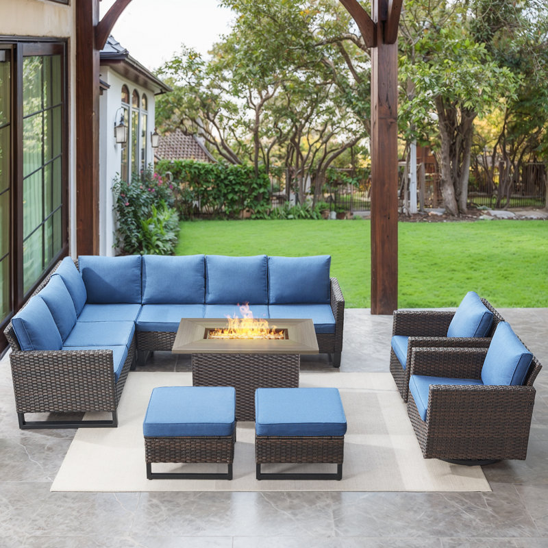 Ingvald 8- Person Outdoor PE Wicker Patio Conversation Set with Fire Pit, Ottomans and Cushions, Blue, Brown