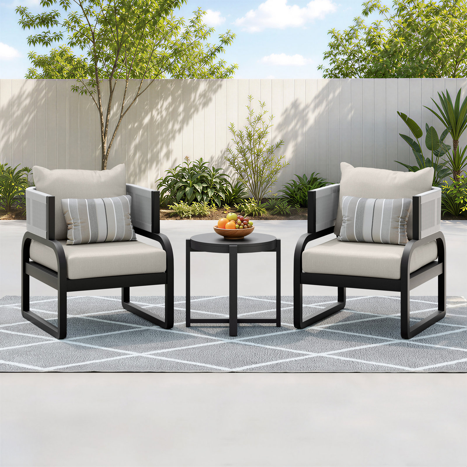 Rana 2-Person Sunbrella® Patio Seating Group, Matt Black Frame/Canvas Flax Sunbrella Cushion