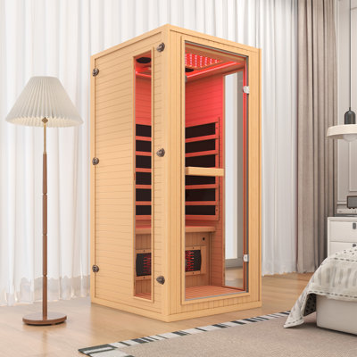 1-Person Infrared Sauna with Red Light Therapy - Full Spectrum Home Sauna with Rapid Heating, 4 Carbon Panels & 1 Carbon Tube, Oxygen Bar, and 7 Color Therapy Lights, 110V