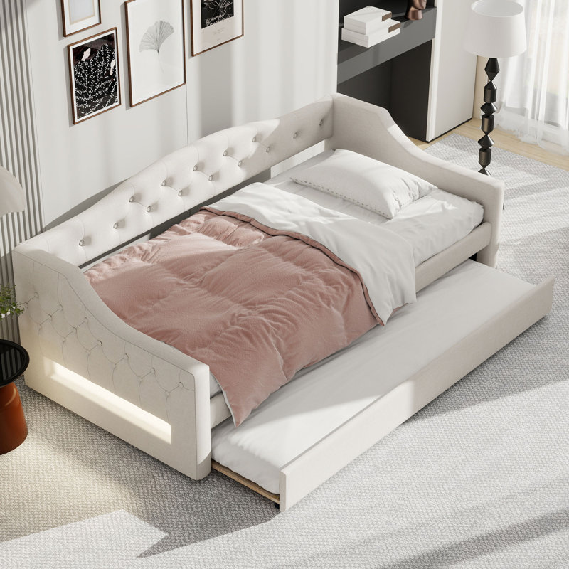 Beige Upholstered Daybed With Trundle & Storage Armrests, Full Extra-Long, Beige