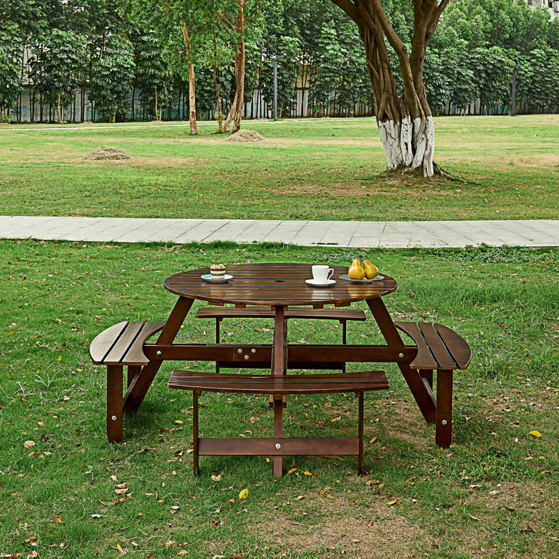 Outdoor 8 Person Round Picnic Table With 4 Built-In Benches, Brown