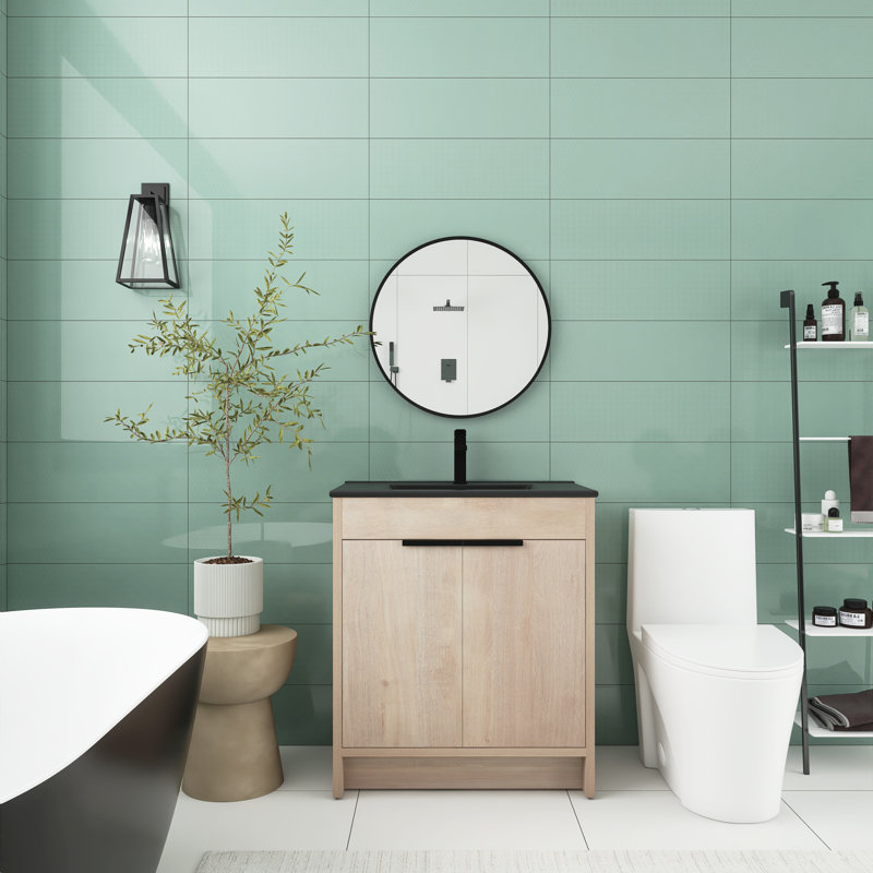 Meuble-lavabo sur pied simple avec plateau en céramique Ziska, Chêne clair uni