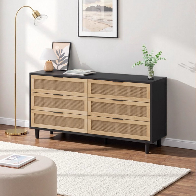Armoire de rangement en rotin à 6 tiroirs avec glissières lisses pour le salon organisé, Noir