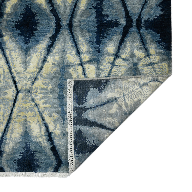 Tapis bleu saphir en laine / viscose noué à la main Hermitage Dessavie, Rectangle 9 pi x 12 pi
