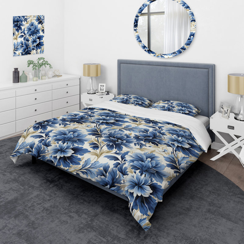 Ensemble de housse de couette à motif floral damassé bleu et blanc, Housse de couette pour très grand lit et 2 très