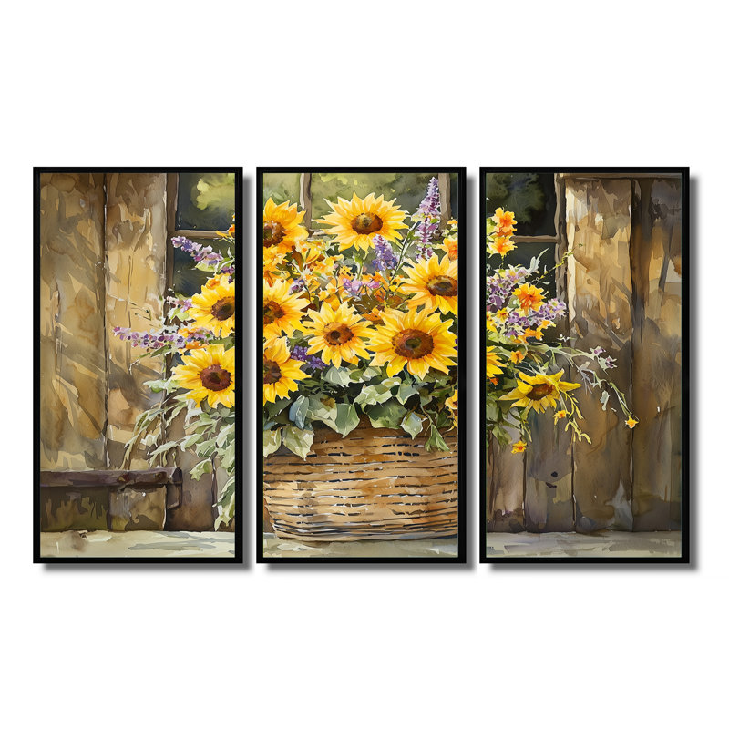 Bouquet de brise d'été à la grange - art mural tournesols - ensemble de 3, H 32 po x l 48 po, Noir
