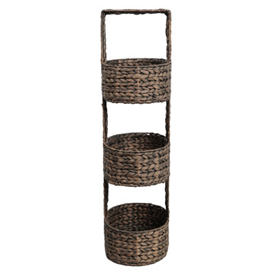 Riverbend 35.5 in. H Coastal Handwoven Water Hyacinth 3-Tier Round Basket Freestanding Storage Tower Stand with Top Handle, Brown