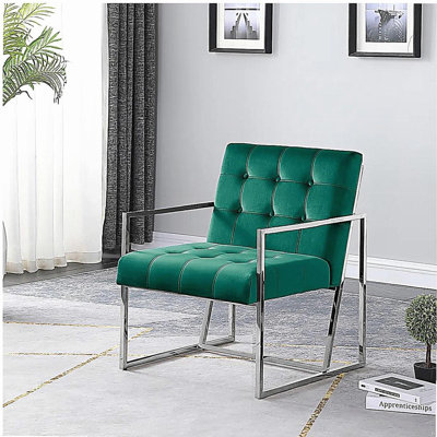 Chaise de salon avec structure en acier inoxydable chromé, fauteuil capitonné en velours 1pc, vert