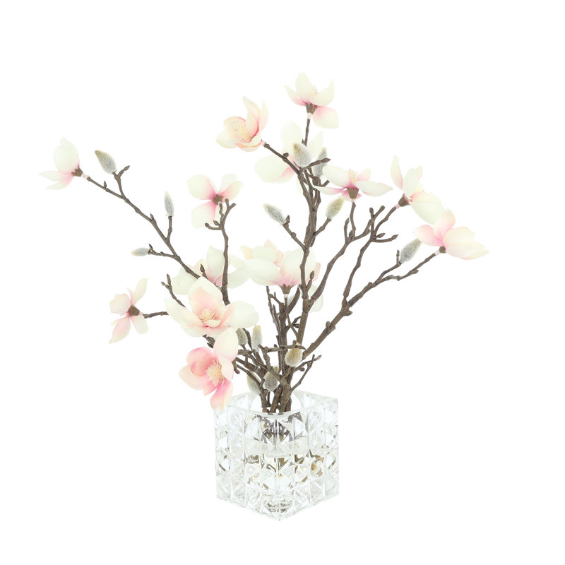 Magnolias disposés dans un vase en verre, Rose / blanc / brun
