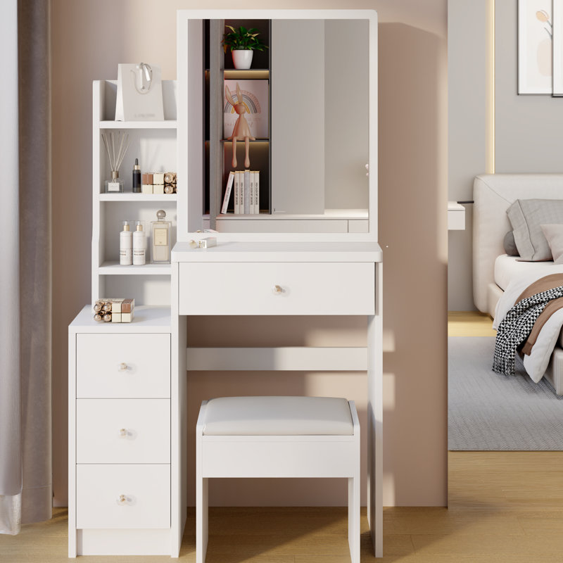 Meuble-lavabo de 50,4 po de hauteur avec tabouret pour petit espace - mobilier blanc multifonctionnel et matériau des pièces
