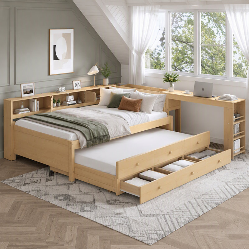 Lit de jour avec couchette, structure en bois, tiroirs de rangement, tablettes latérales et bureau, Twin, Light Natural