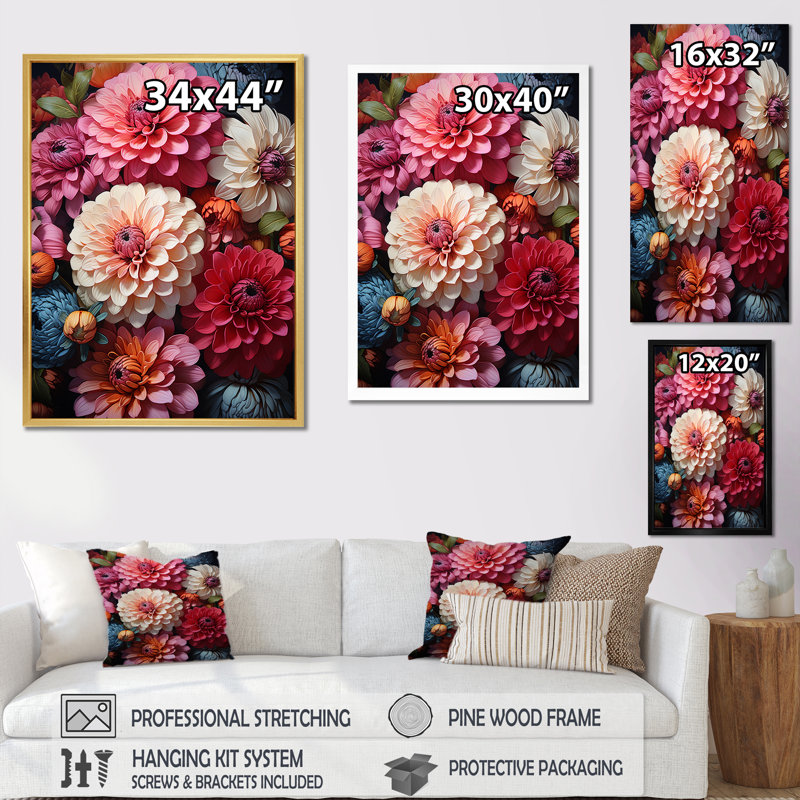 Décoration murale Zinnias rouge beige - Zinnias, Toile tendue, H 32 po x l 16 po