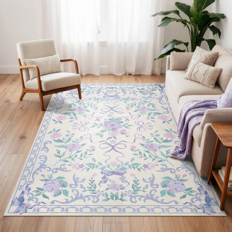 Kaldi Floral Washable Area Rug Non-Slip Stain Resistant Low-Pile Boho Large Indoor Throw Carpet, Rectangle 5' x 7'