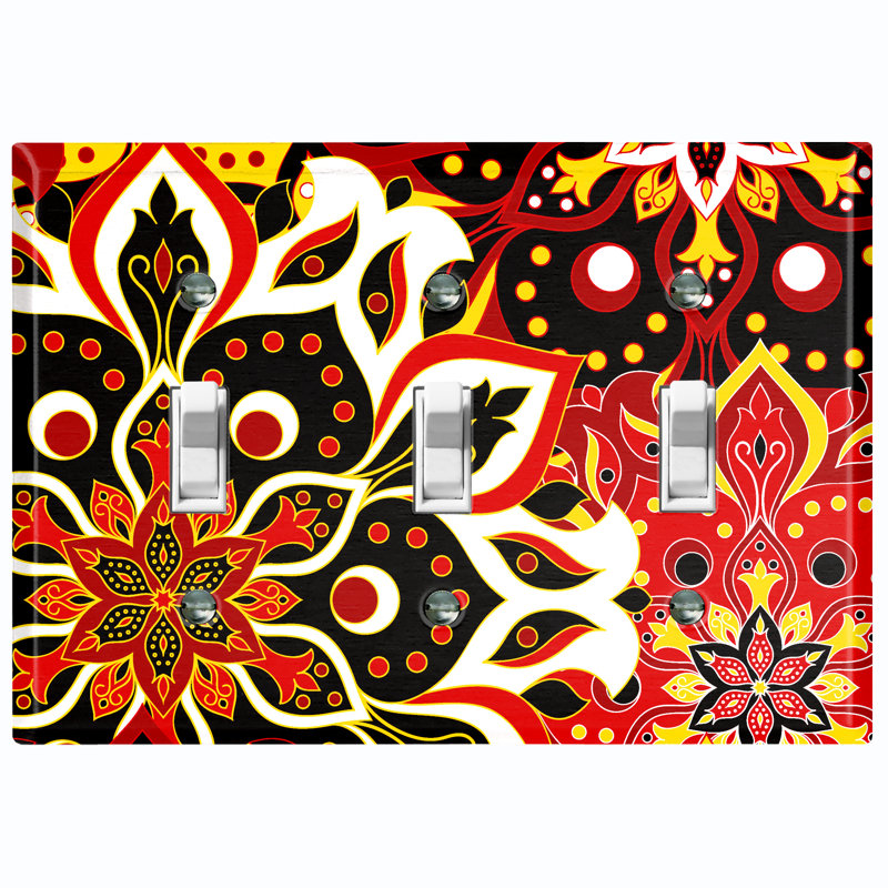 Orange Yellow Mandala Flowers Tile 3 - Gang Toggle Light Switch Standard Wall Plate