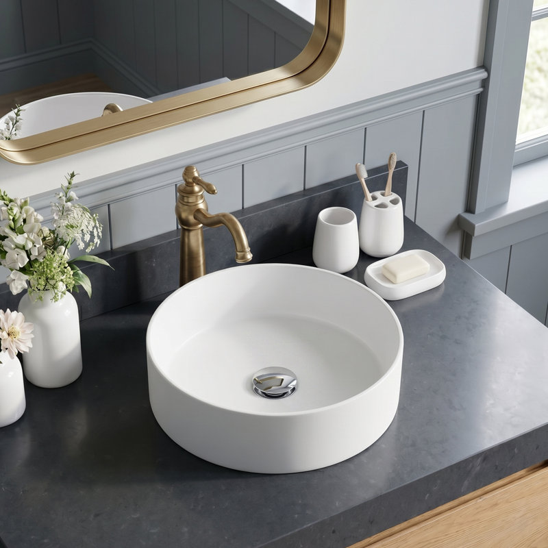 Lavabo de salle de bain rond rond en résine de pierre blanc mat avec bonde escamotable, évier de comptoir moderne 15,75 po