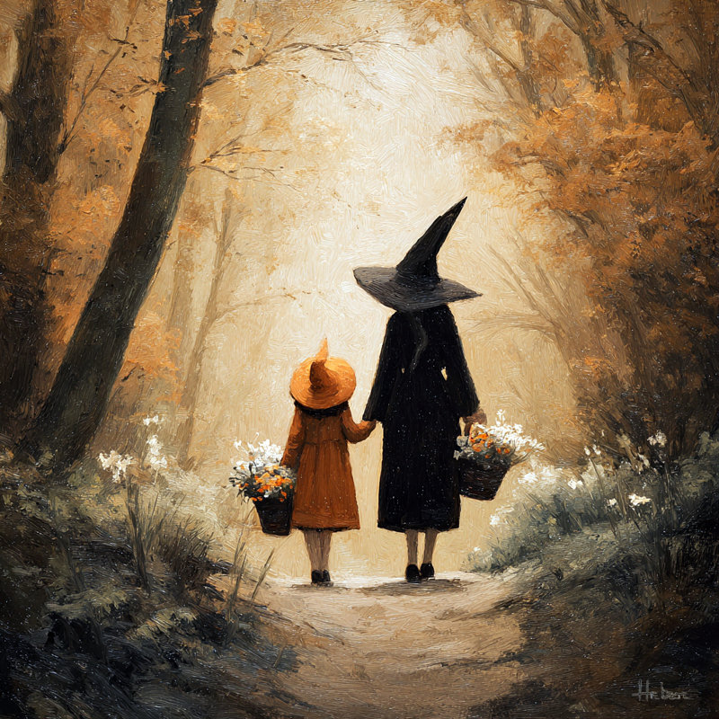 «Witch and Child in Autumn Light», art mural sur toile tendue, H 12 po x l 12 po