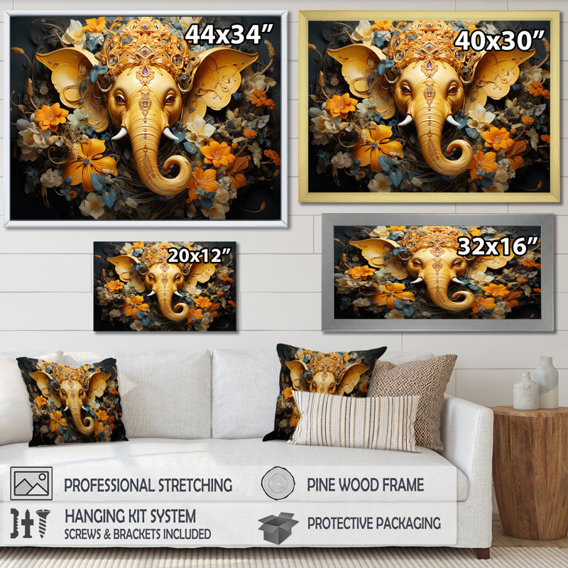 «Hindu Ganesha Elephant God Curmeric Tints» - décoration murale de l'hindouisme, Cadre doré simple